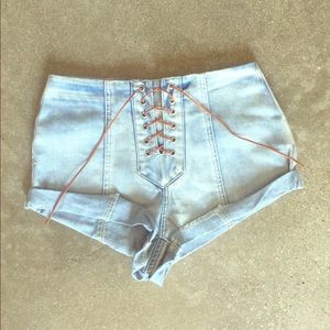 Some Days Lovin Lace up Denim Shorts Suede