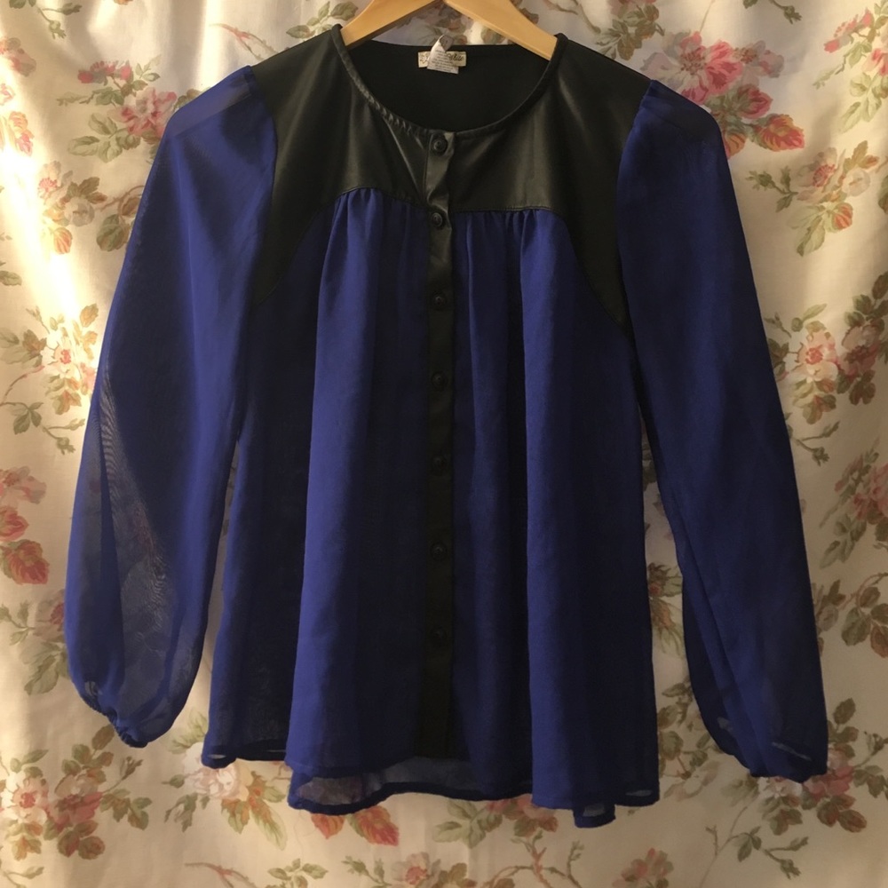 Like New blue sheer and black pleather blouse