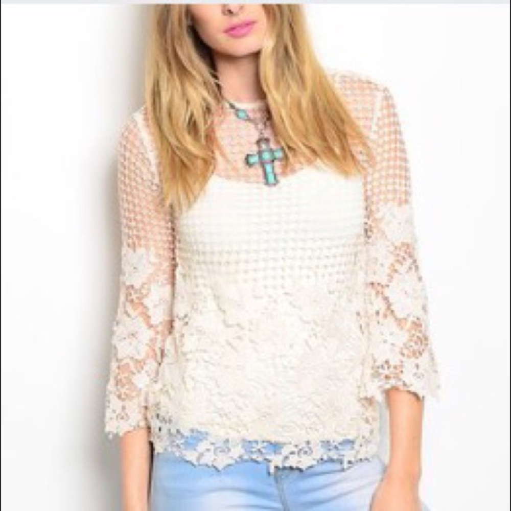 Cream Crochet 3/4 Sleeve Top