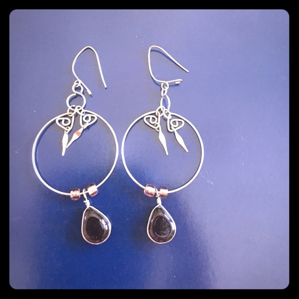 Purple stone wire pendant hoop earnings