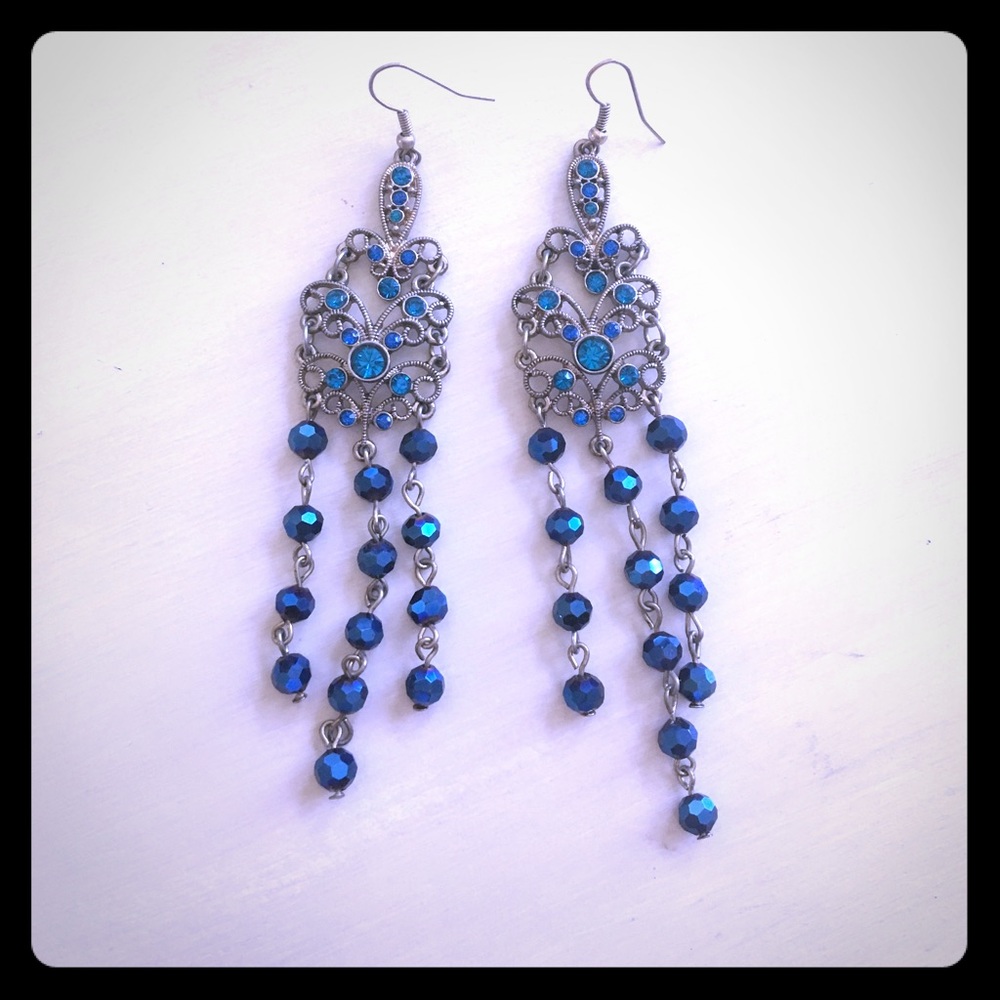 Metallic blue earrings chandelier earrings