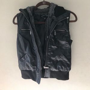 Leather sleeveless sewn in hooded sweatshirt