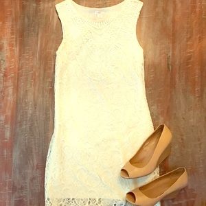 White Lace Fitted Knee Length Dress