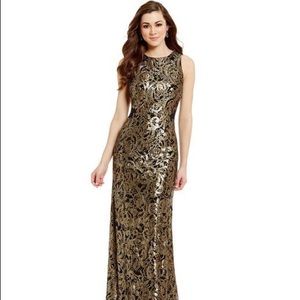Formal floor length black and gold sequin dress