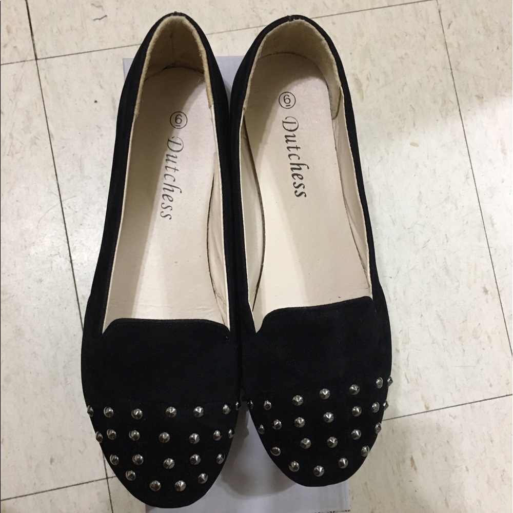 Suede black flats with studded toe