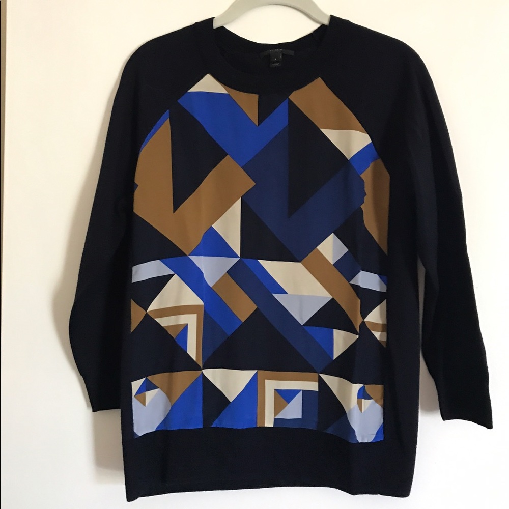 JCrew Navy Wool Knit Top with Silk Inset, Medium