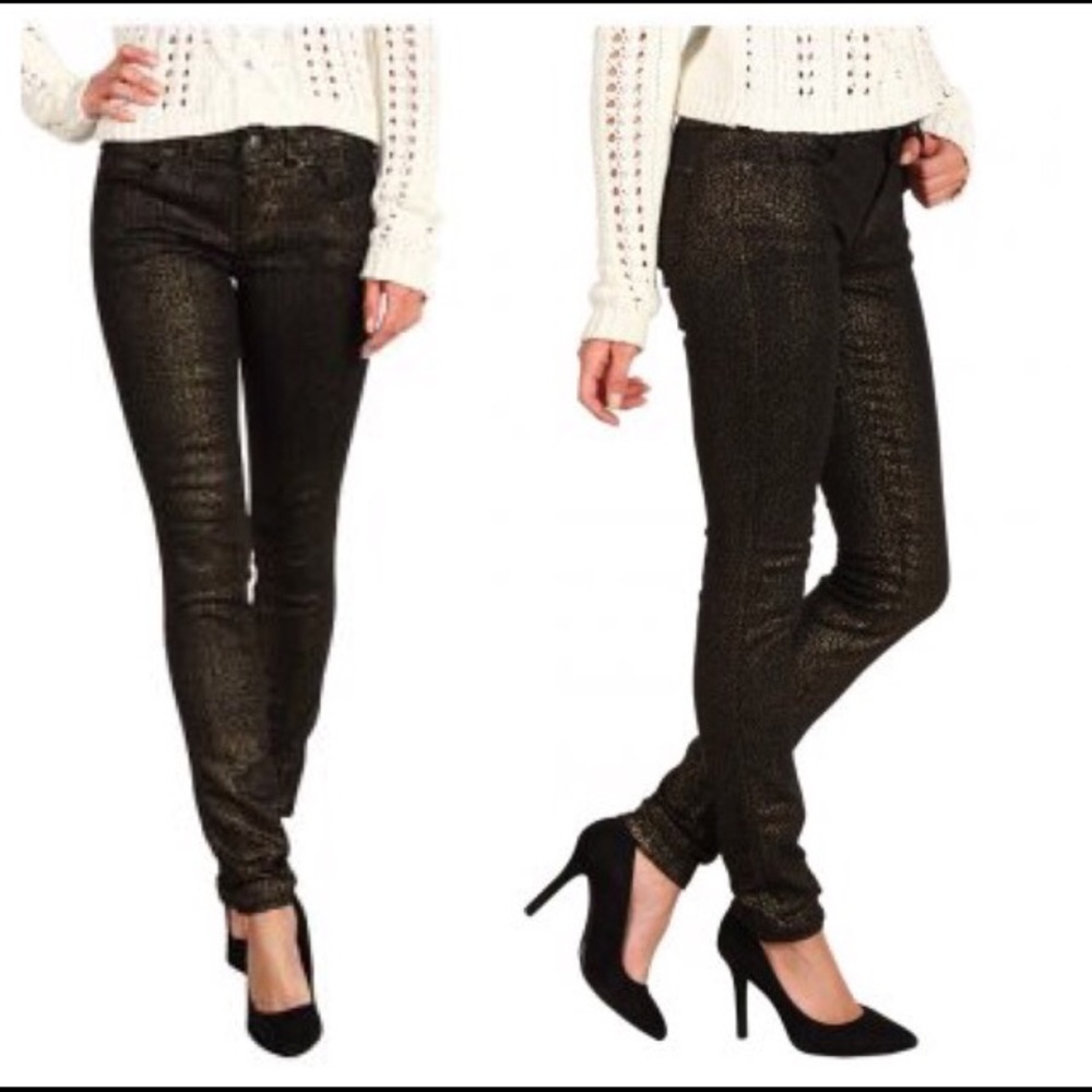 Free People Black and Gold Foil Skinny Jeans