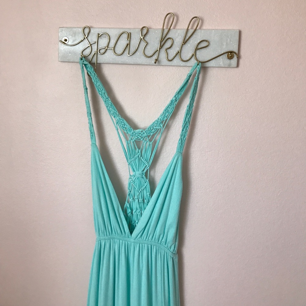 Mint green maxi dress with crochet racerback.