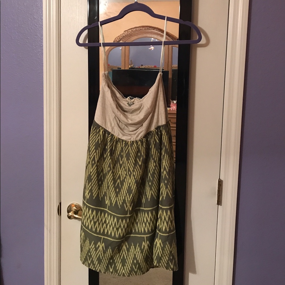 Tan with green and yellow pattern dress