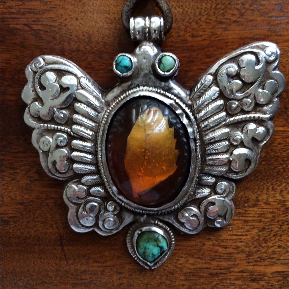 Antique Tibetan Silver, Turquoise, Amber Pendant