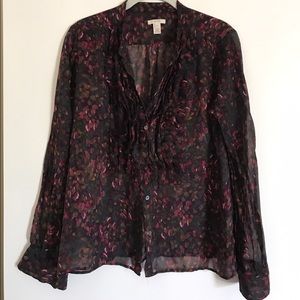 JCrew Sheer Print Blouse with Ruffle Bib, Medium
