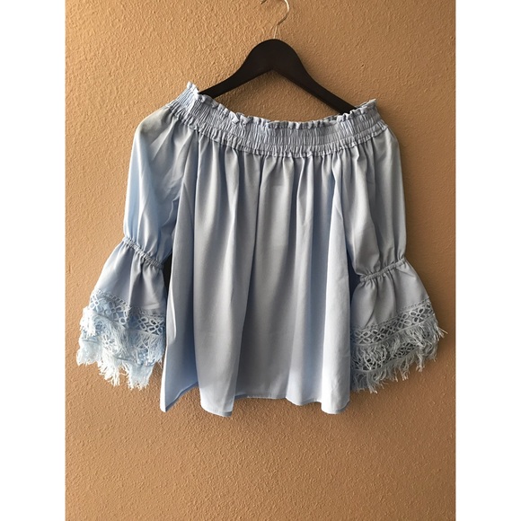 Sky blue fringe sleeve off shoulder top - Picture 2 of 5