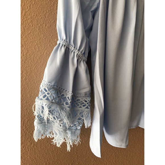 Sky blue fringe sleeve off shoulder top - Picture 3 of 5