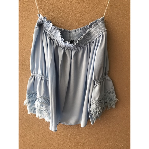 Sky blue fringe sleeve off shoulder top - Picture 4 of 5
