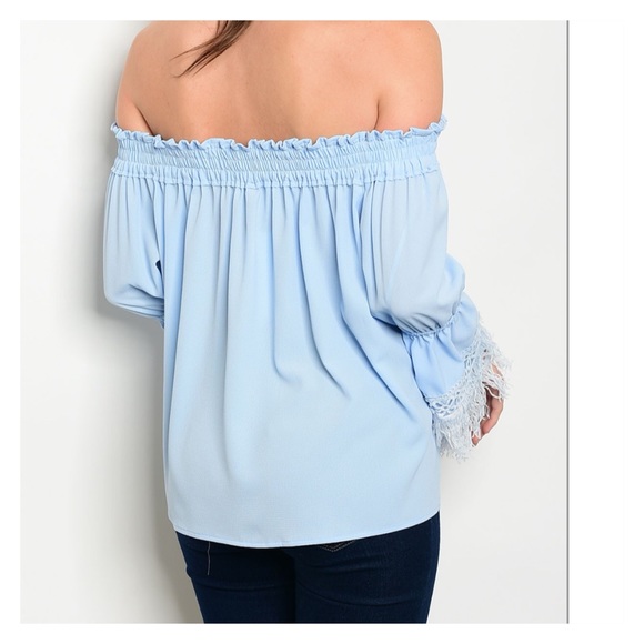 Sky blue fringe sleeve off shoulder top - Picture 5 of 5