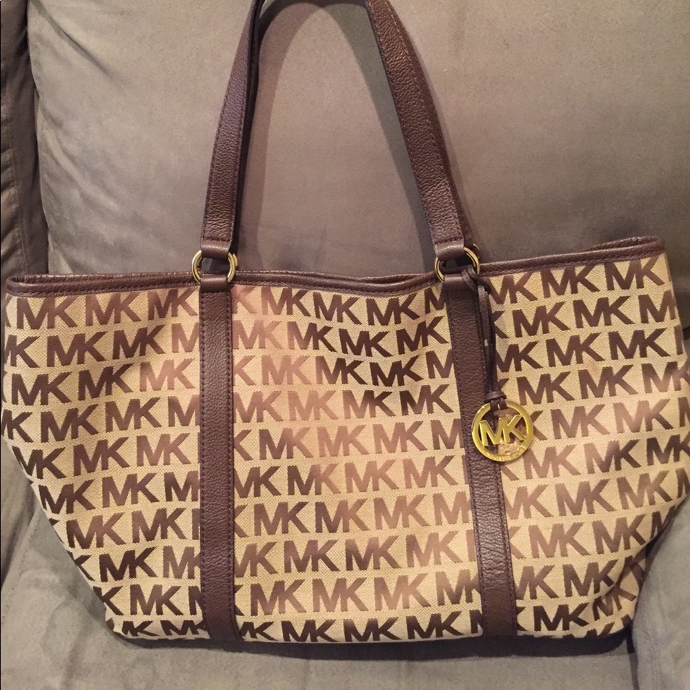 Tan Michael Kors Tote with Brown Logo Pattern