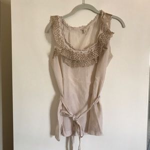 JCrew Tan Sleeveless Blouse with Ruffles, Medium