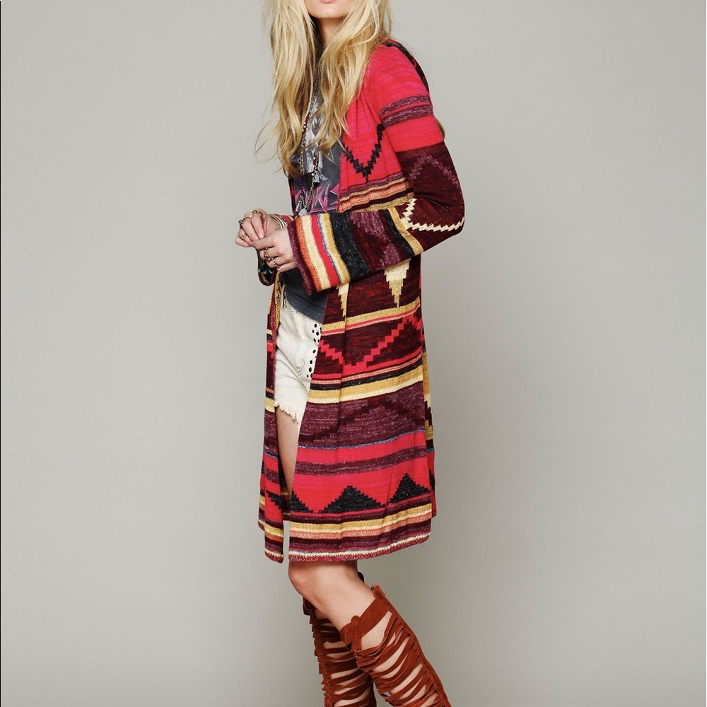 Free People long boho pattern hooded cardigan