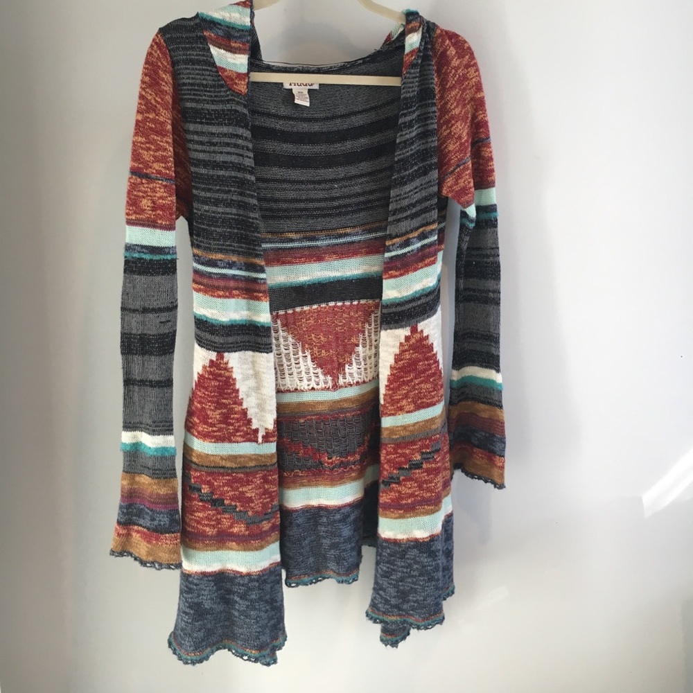 Southwestern printed hooded long sweater