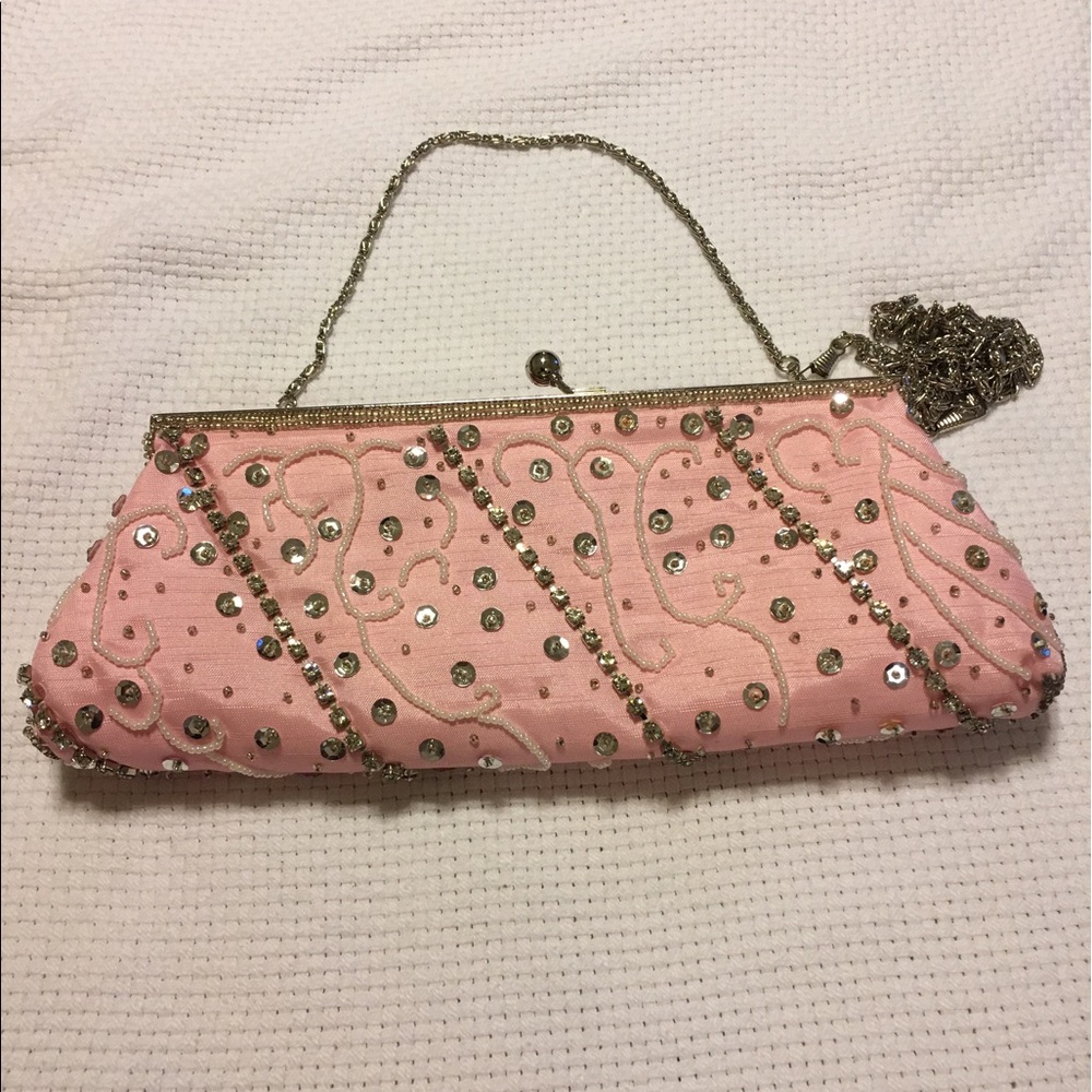 Pink Clutch Hand Beadwork.Wear Long or Short Chain