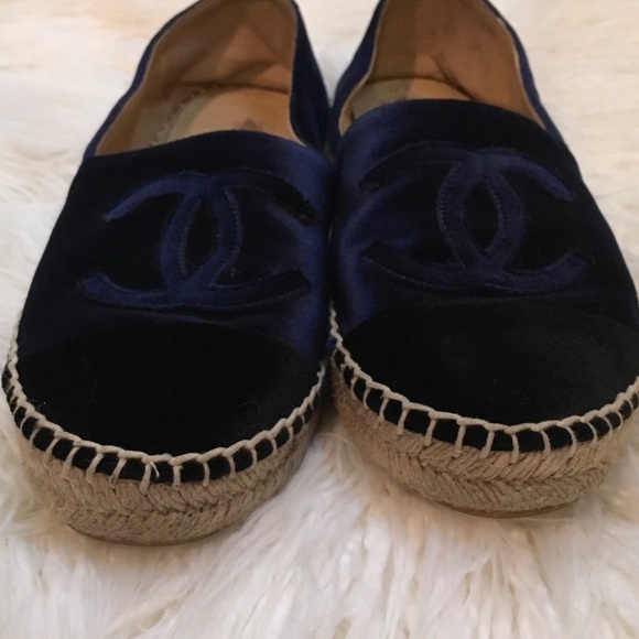 Blue Blk CHANEL Velvet CapToe CC Espadrilles Flats - Picture 8 of 8