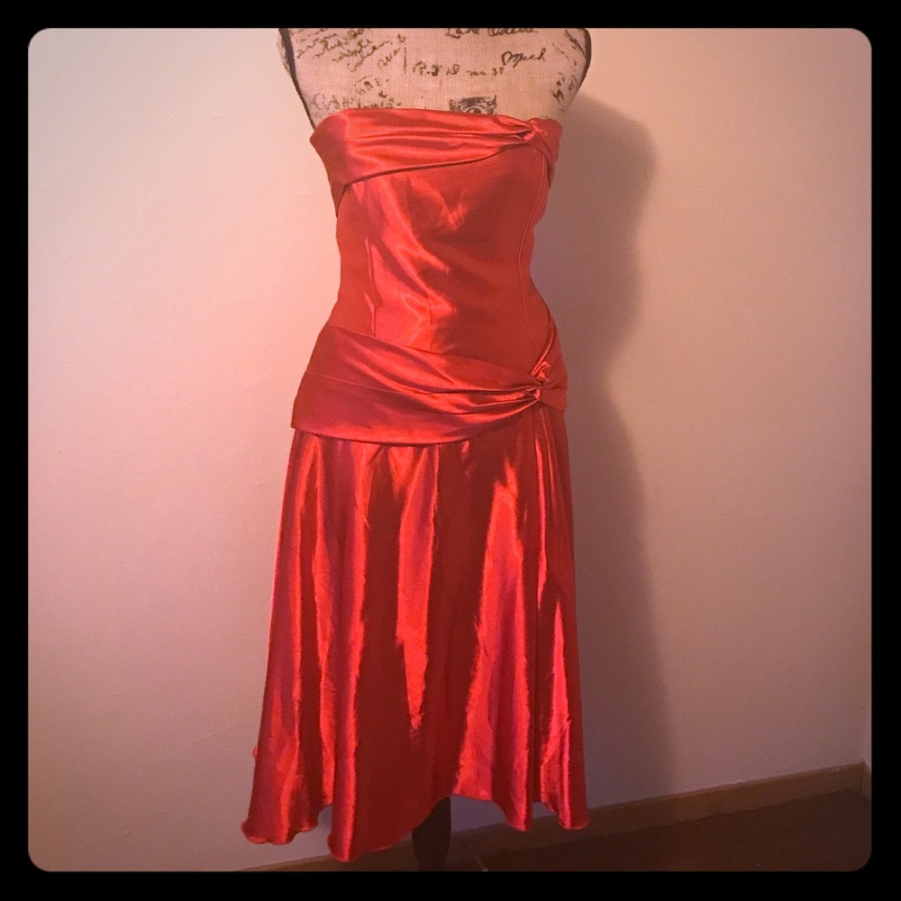 Red satin strapless dress