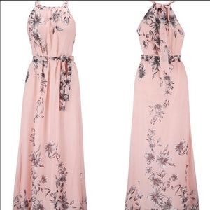 Pink and Gray Floral Chiffon Maxi Dress