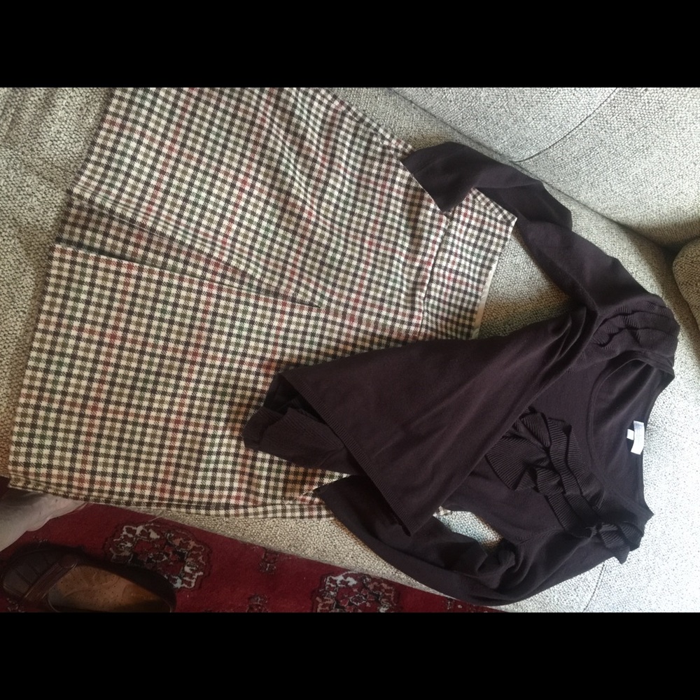 Plaid skirt with brown ruffled sweater top