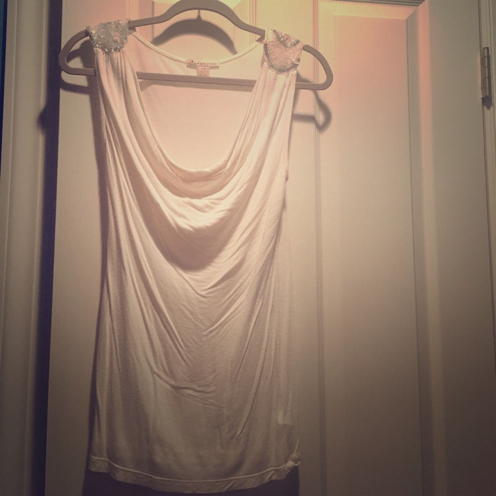 White tank top with beaded embellished shoulders