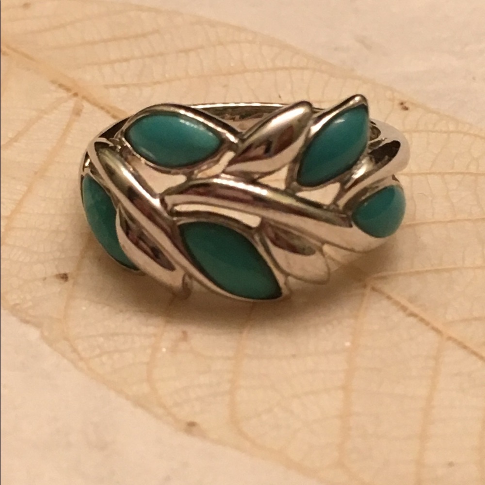 Turquoise 925 silver leaf design ring