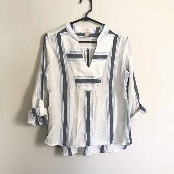LOFT Tops - White and Blue Striped Linen Loft Tunic