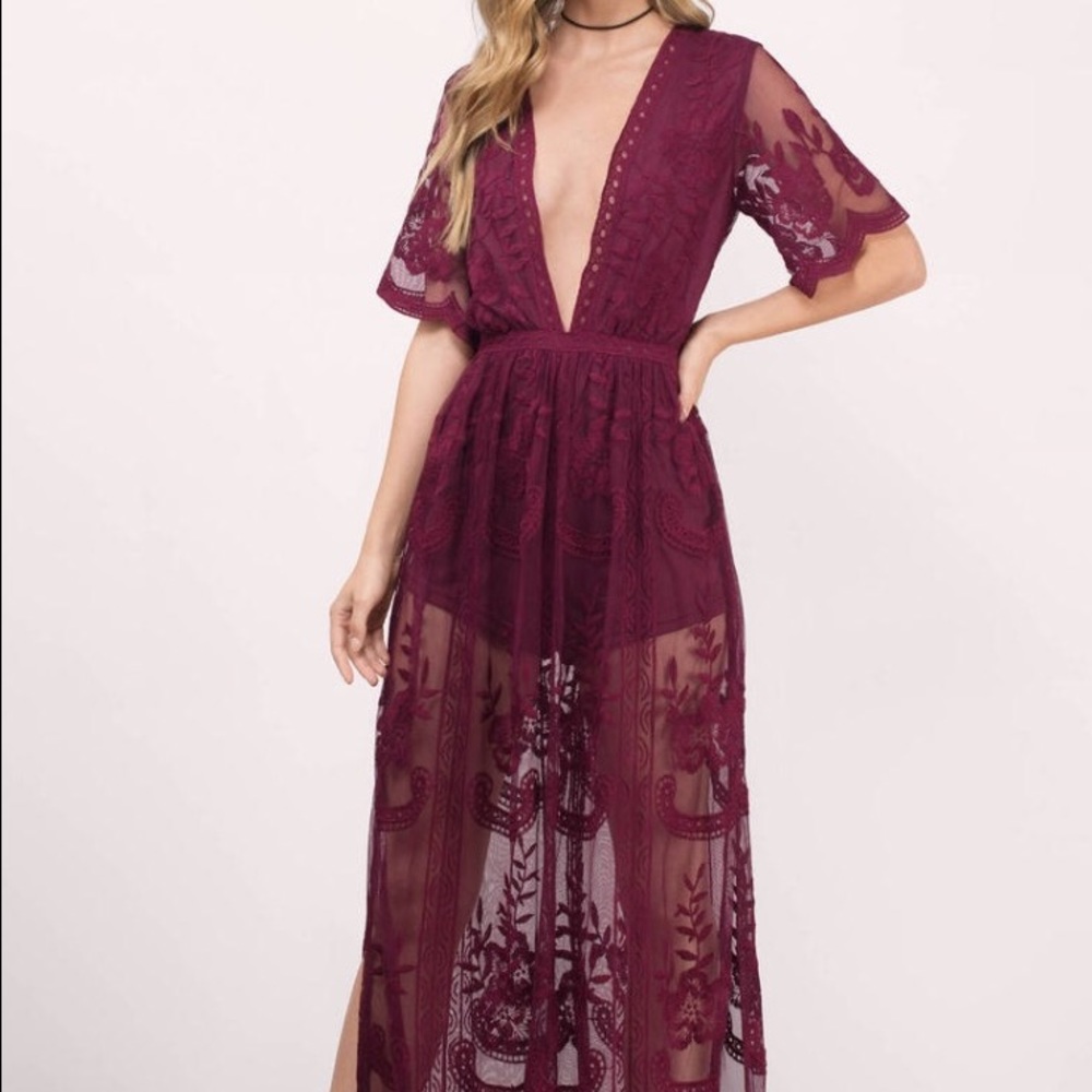 Lace Maxi Romper in wine