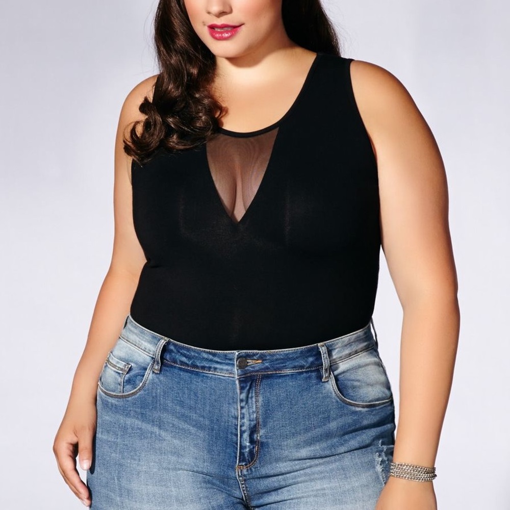 Tess Holliday- Black Sleeveless Bodysuit with Mesh