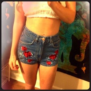 XS rose embroidered high waisted denim shorts