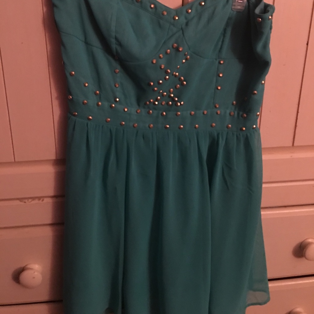 Blue green chiffon dress with gold studs