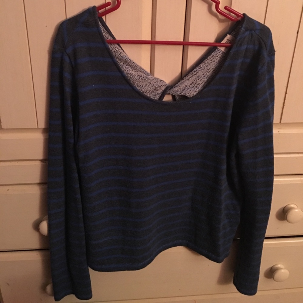 Navy with Blue stripes off the shoulder sweater.