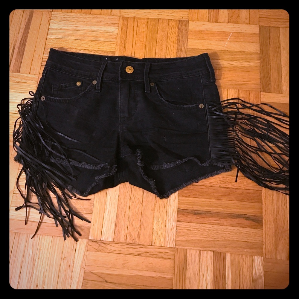 Black denim shorts with leather fringe H&M sz 4