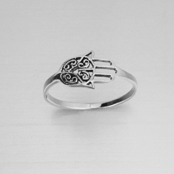 Sterling Silver Small Hamsa Ring, Hand of Fatima Jewelry, Religious Rings - Picture 1 of 6