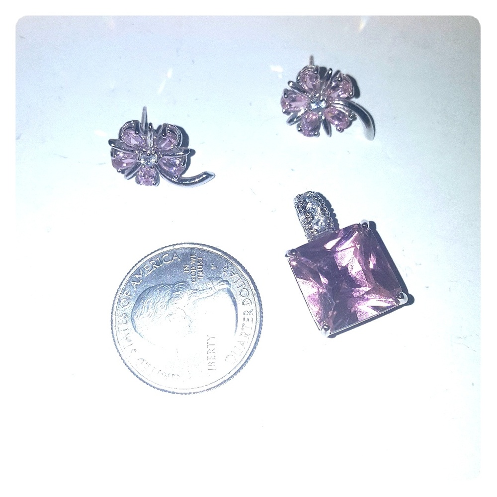 Pink Pendant and Earrings .925 Silver CZ