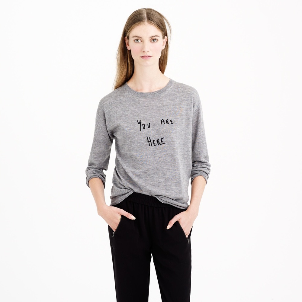 J. Crew Gray "you are here" sweater