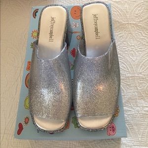 Jeffrey Campbell Petra silver glitter slides