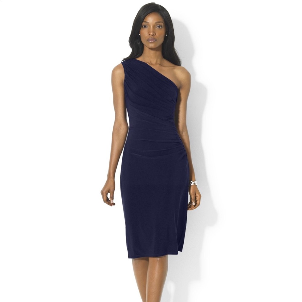 Ralph Lauren one-shoulder navy cocktail dress