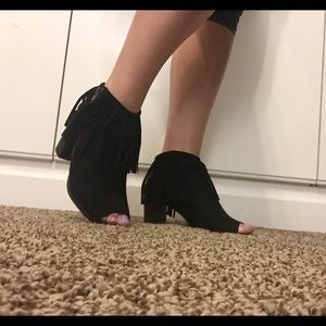 Black Fringe Open Toe Heels