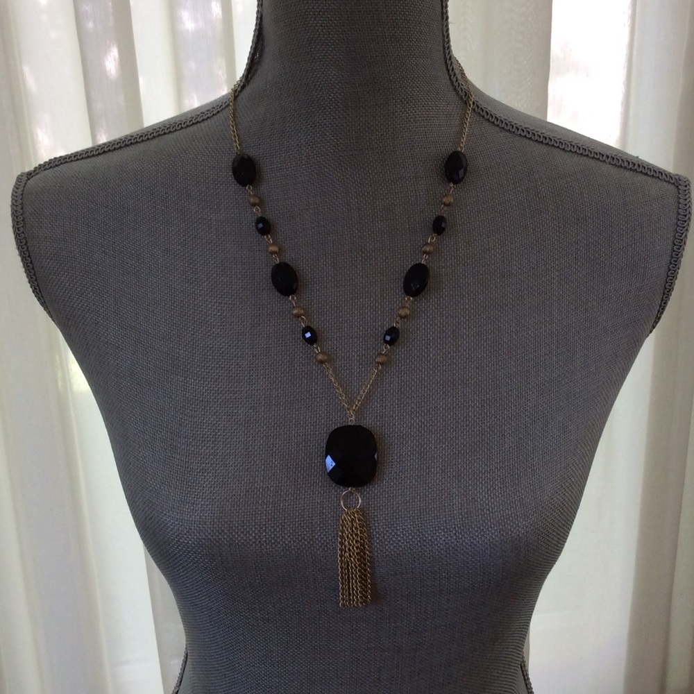 22" Black and Gold Beaded Necklace with 4" Drop - Picture 1 of 6