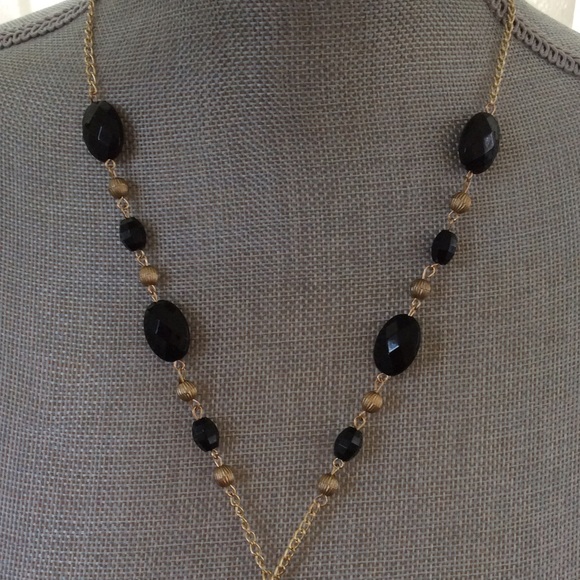 22" Black and Gold Beaded Necklace with 4" Drop - Picture 2 of 6