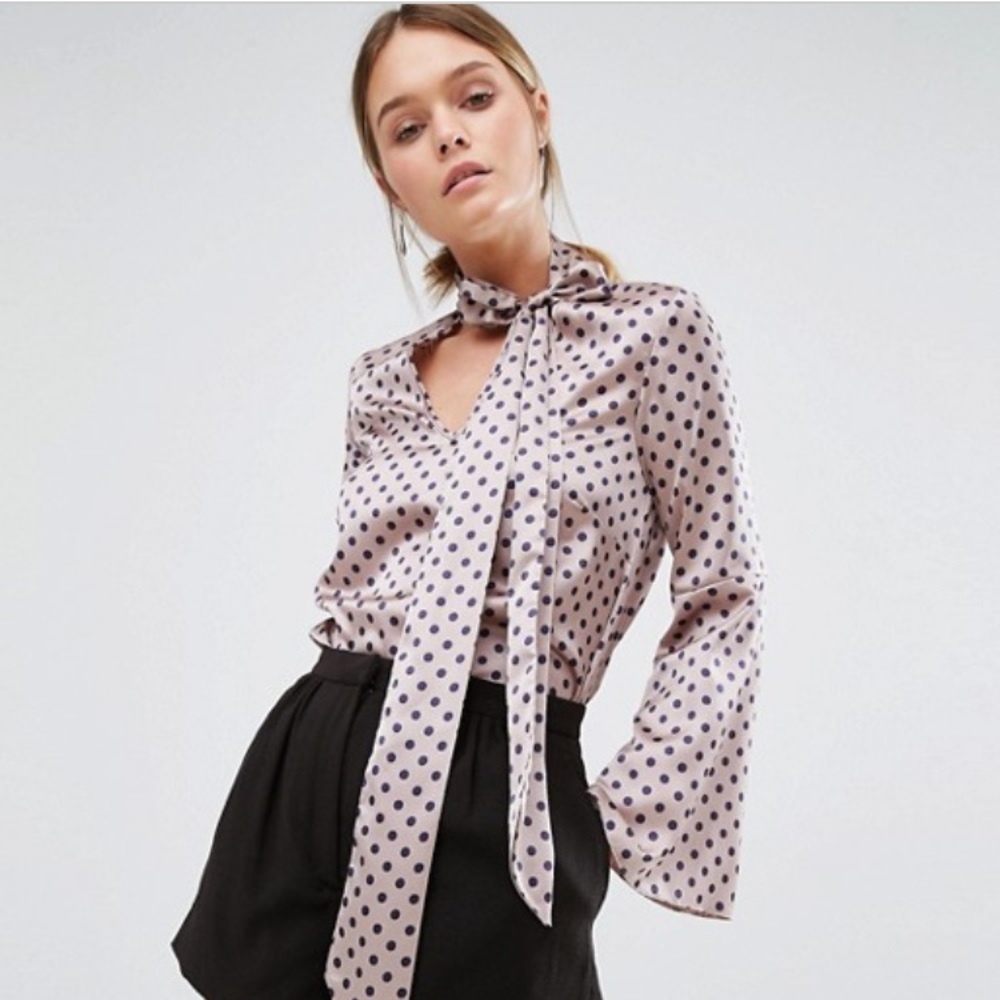 NWT Polka Dot Pussy Bow Blouse with Bell Sleeves