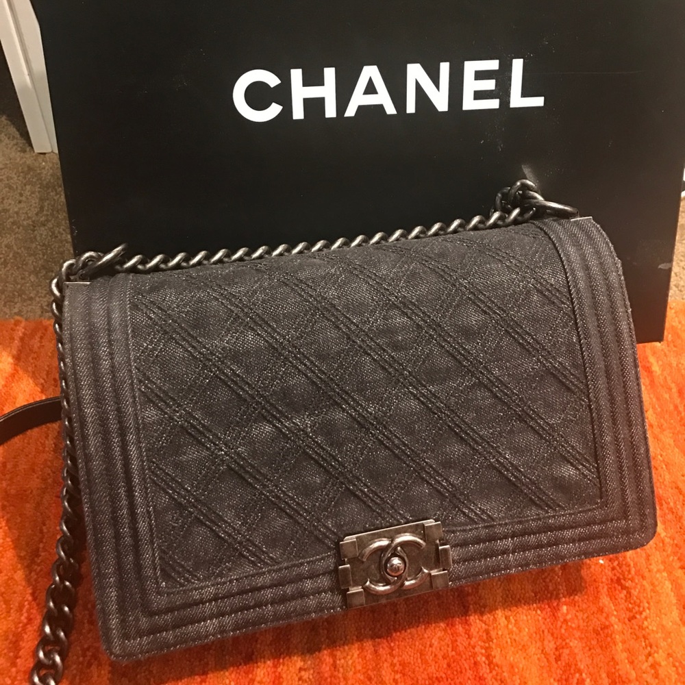 Chanel old medium black denim boy bag
