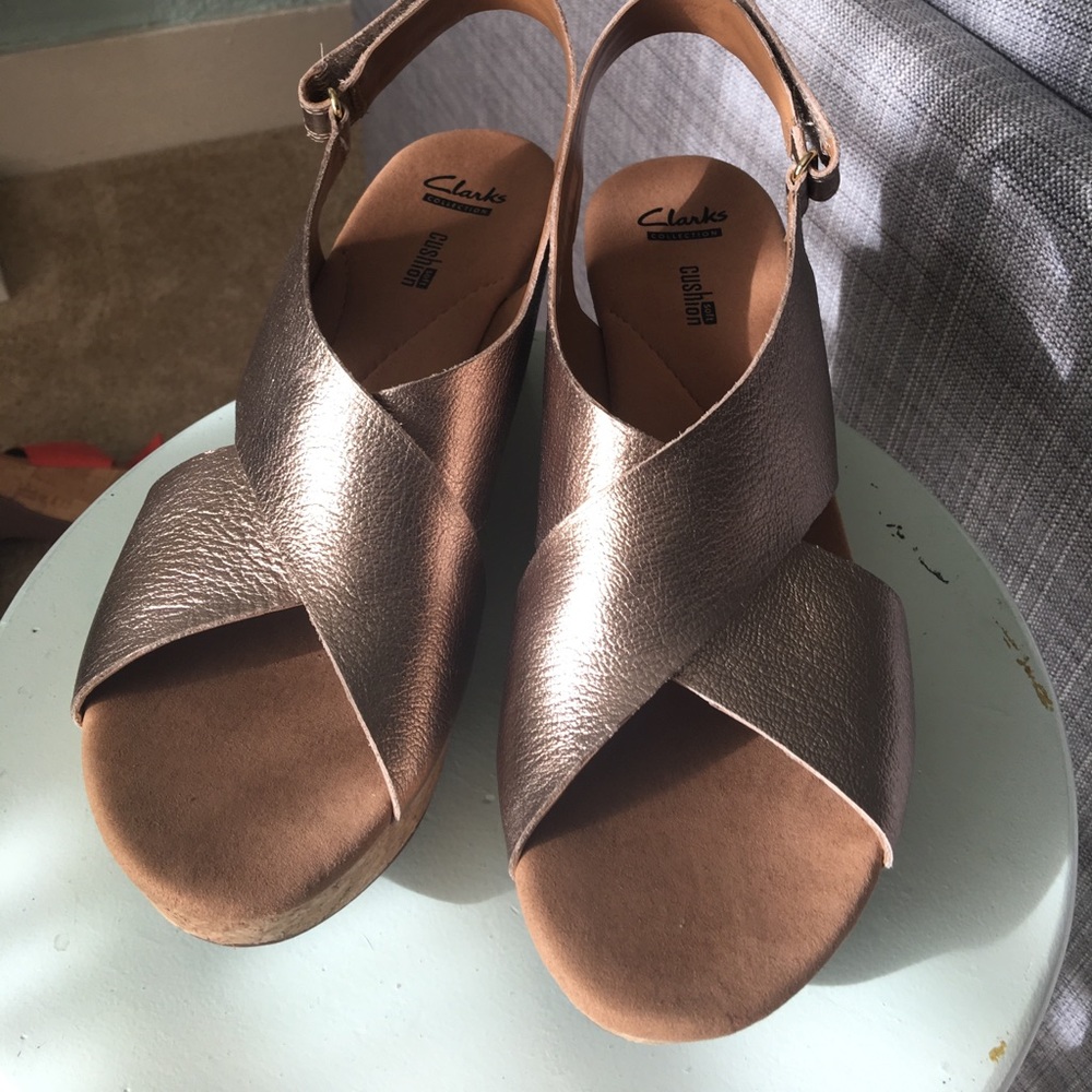 Bronze gold leather wedge platform sandals