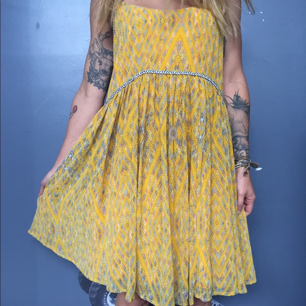 Free People Mustard Chiffon Shift Summer Dress