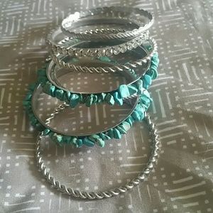 Silver, turquoise,  and rhinestone bracelet set